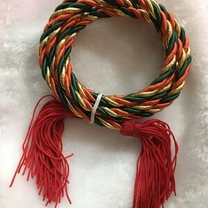 Vibrant Red, Green, and Gold Braided Scarf